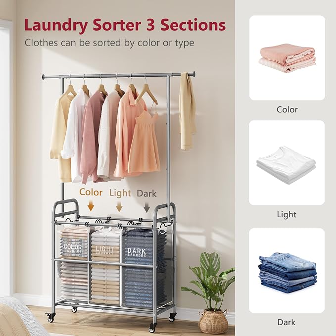 Tajsoon Laundry Sorter with Hanging Bar, 3 Section Rolling Laundry Hamper with - Image 4