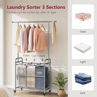Tajsoon Laundry Sorter with Hanging Bar, 3 Section Rolling Laundry Hamper with - Image 4