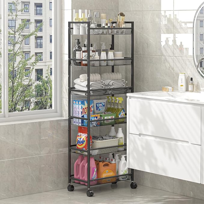 6 Tier Slim Rolling Storage Cart, Narrow Mobile Shelving Unit Organizer Utility - Image 7