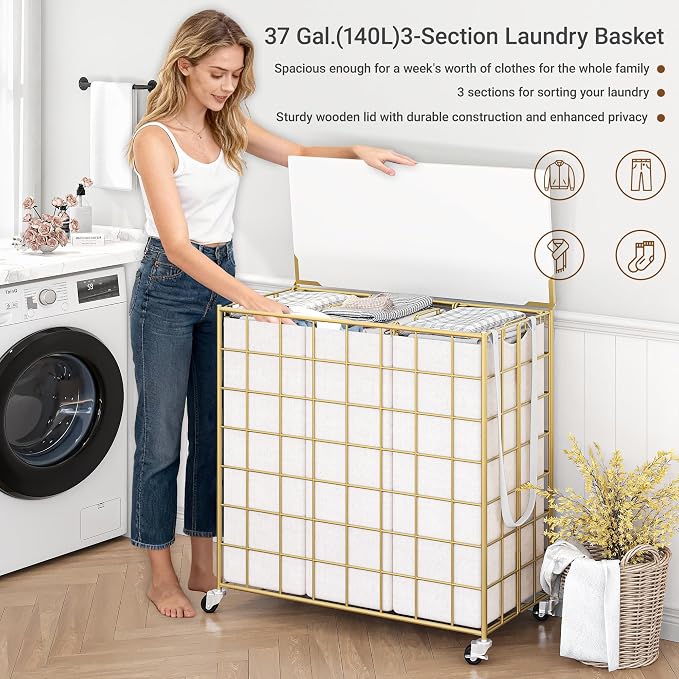 Laundry Basket with Wheels, Heavy Duty Laundry Sorter 3 Sections, 140L Large - Image 6