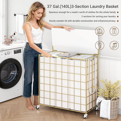 Laundry Basket with Wheels, Heavy Duty Laundry Sorter 3 Sections, 140L Large - Image 6