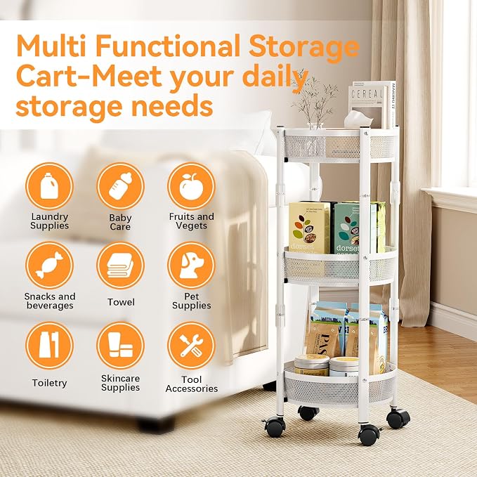 TOOLF 3 Tier Foldable Rolling Cart, Metal Utility Storage Cart, Lockable Wheels - Image 6