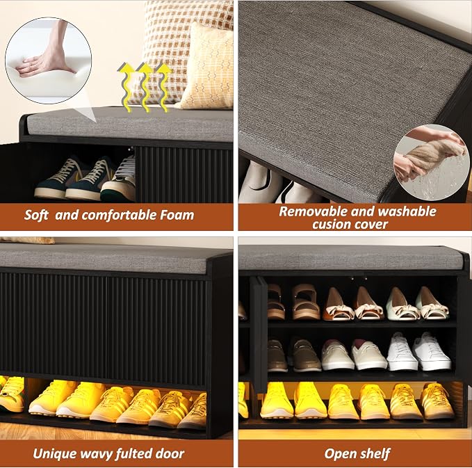 HOMEFORT 47.2" Fluted Shoe Storage Bench, Entryway Bench - Image 6