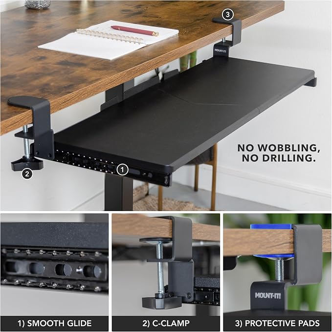 Mount-It! 30” Extra-Wide Clamp-On Under Desk Keyboard Tray, Large Slide-Out - Image 6