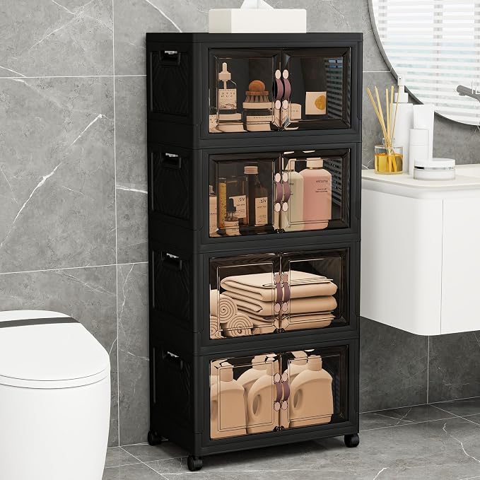 Storage Bins with Lids and Wheels, Collapsible Bathroom Storage Cabinet with - Image 7