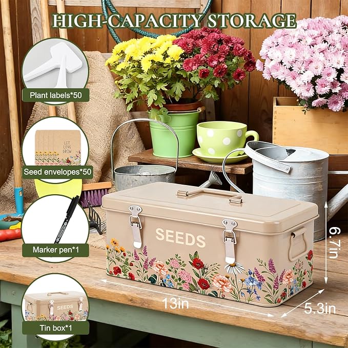 JarThenaAMCS Spring Wildflower Metal Seed Storage Organizer 4 Dividers Vintage - Image 2