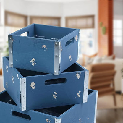 wald imports - Set of 3 Blue Wooden Crates - Image 3