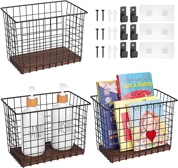 Wall Hanging Baskets, 3 Wooden Wire Bins by LIGHTDUST