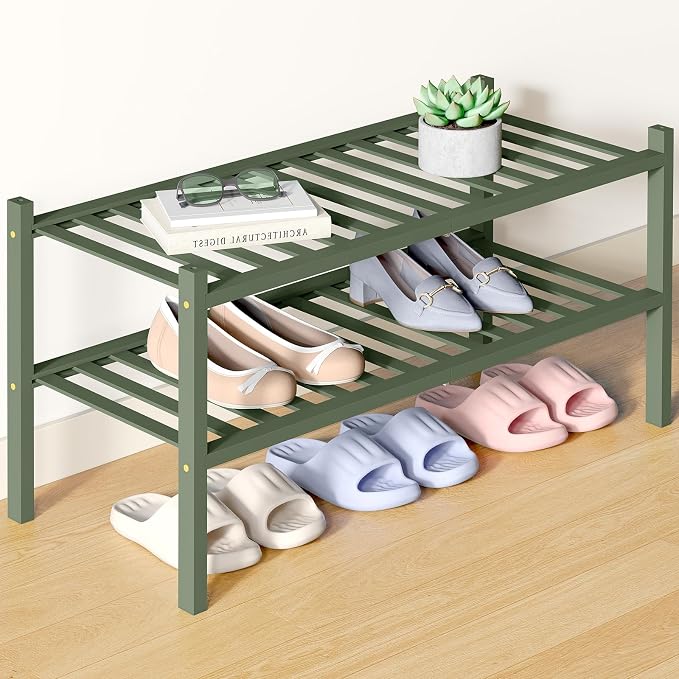 Smiry Bamboo Shoe Rack for Closet, 2 Tier Wooden Stackable Shoe Organizer by Smiry