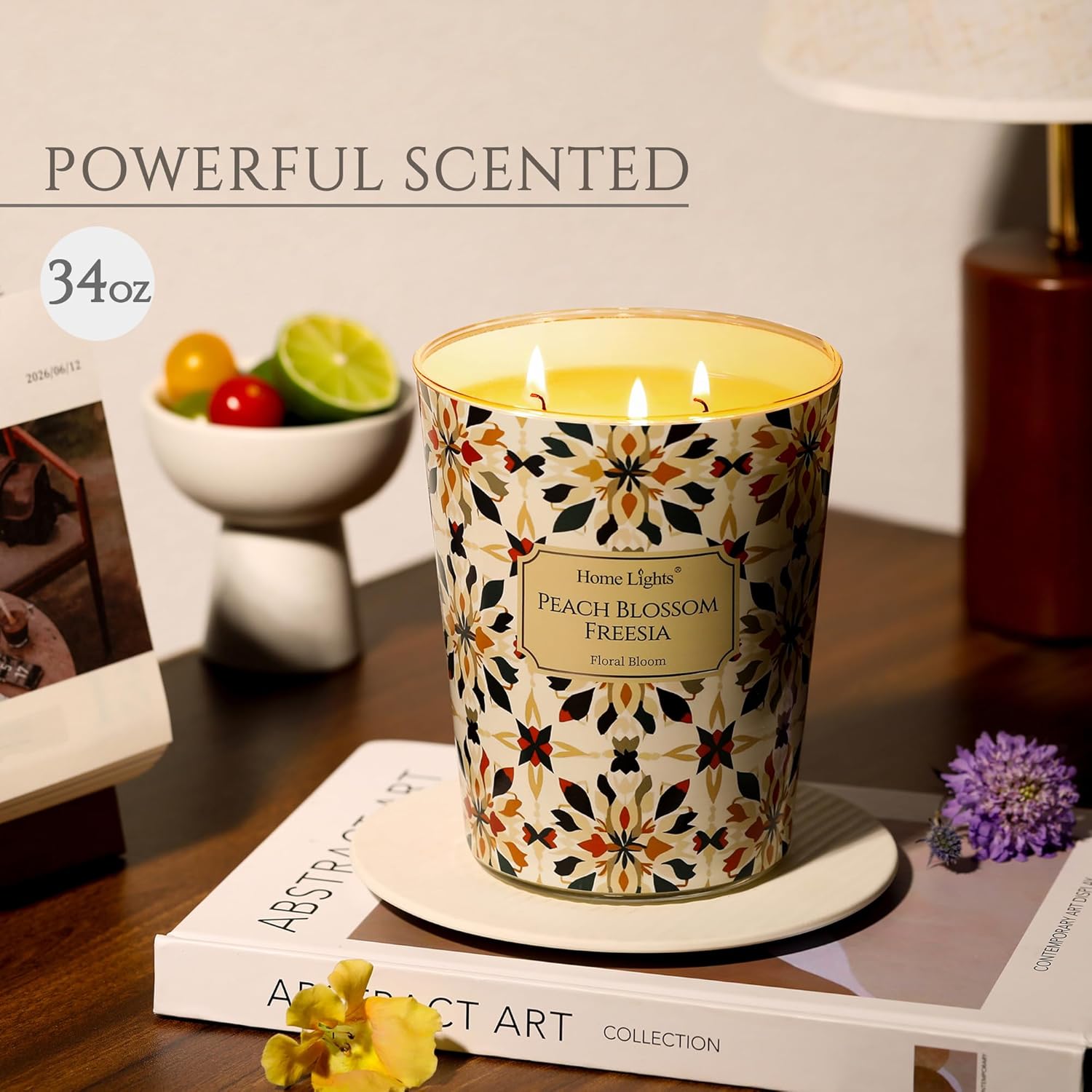 HomeLights 3-Wick Candles for Home Scented - 34oz Soy Wax Blend Candle Long-Lasting Fragrance, Bohemian Natural Textures Home Decor and Housewarming Gifts, Peach Blossom Freesia
