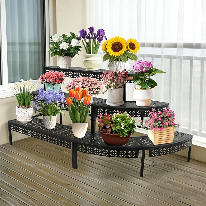 3 Tier Metal Plant Stand, Corner Flower Pot Holder Rack, Stair-Step Style - Image 7