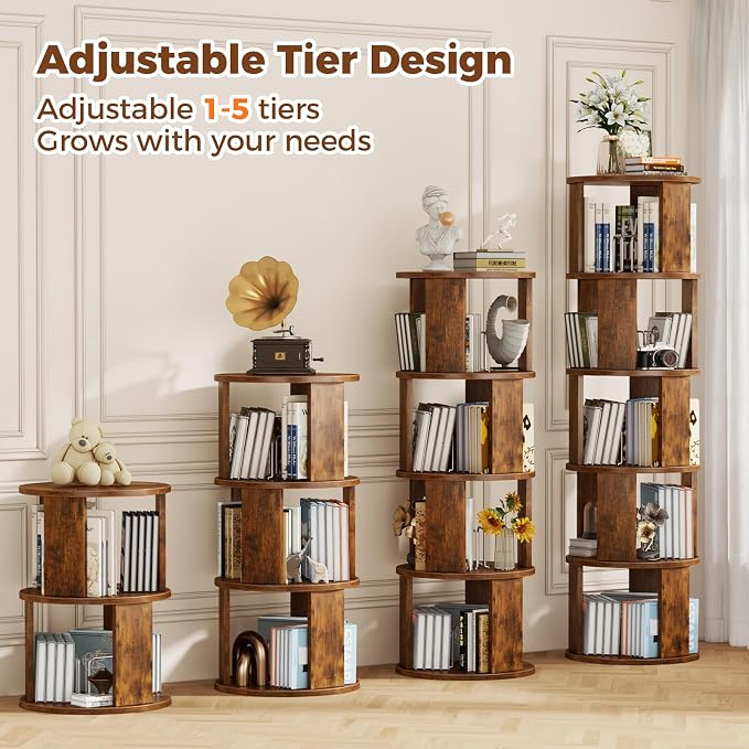 5 Tier Rotating Bookshelf Tower, 360° Display Round Bookcase, Floor Standing - Image 5