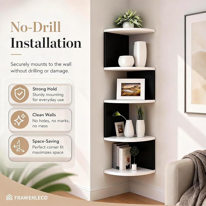 No-Drill Corner Shelf Wall Mount, 5-Tier Floating Corner Bookshelf - Image 6