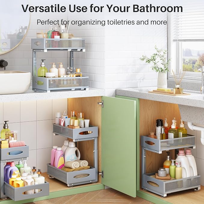 1 Pack Under Sink Organizer, 2 Tier Pull out Cabinet Organizer Mesh Baskets - Image 9