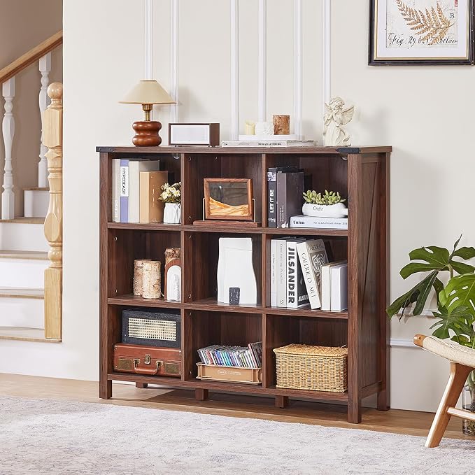 9 Cube Bookcase, Farmhouse 47 Inch Wide Brown Walnut Bookshelf, Wooden 3 Tier - Image 6