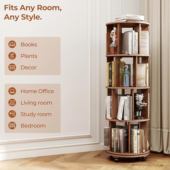 4-Tier Rotating Bookshelf on Wheels, 360° Spinning Bookshelf Tower, Round - Image 8