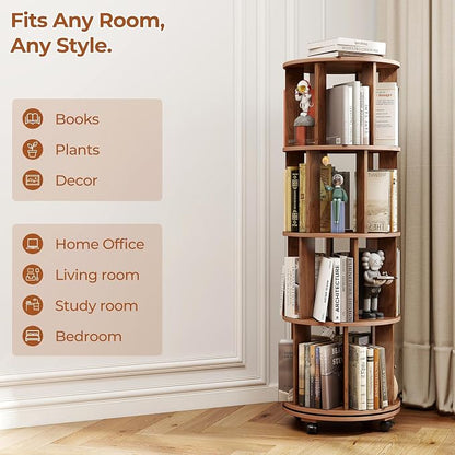 4-Tier Rotating Bookshelf on Wheels, 360° Spinning Bookshelf Tower, Round - Image 8