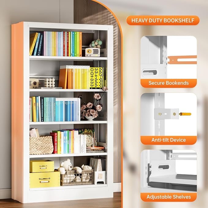 5-Tier Bookcase with Adjustable Storage Shelves, Metal Bookshelf with Book - Image 3