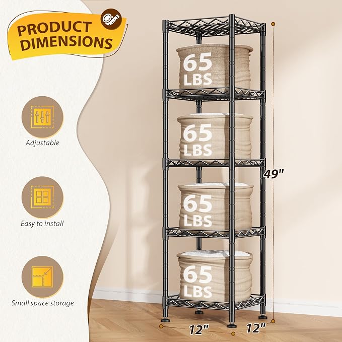 5 Tier Metal Shelving Unit Wire Shelves Storage Rack:Adjustable Storage Shelves - Image 4