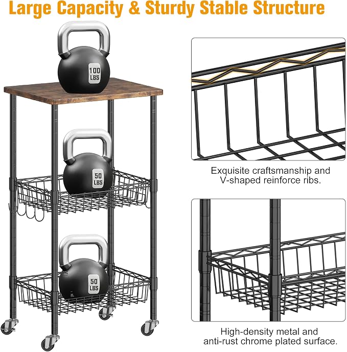 Homeiju Rolling Kitchen Storage Cart, 3-Tier Storage Rack on Caster Wheels - Image 6