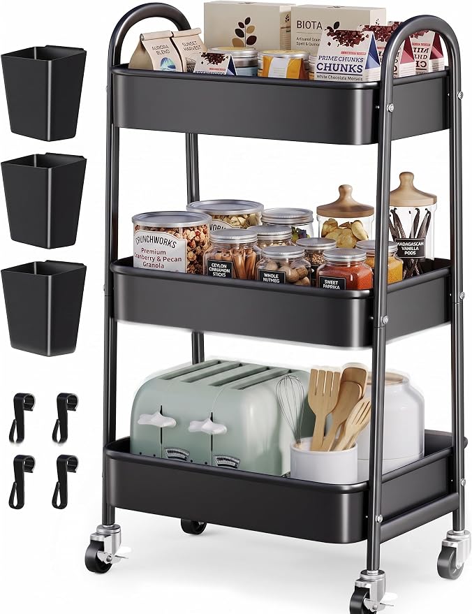 3 Tier Rolling Cart Metal with Wheels, Heavy Duty Three Tiered Rolling Storage by Unknown