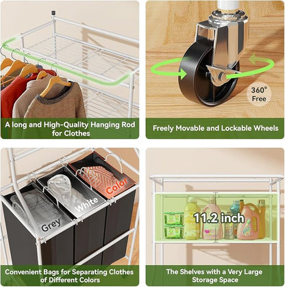Laundry Sorter with Hanging Clothes Rack, Rolling Laundry Cart with Wheels & - Image 5