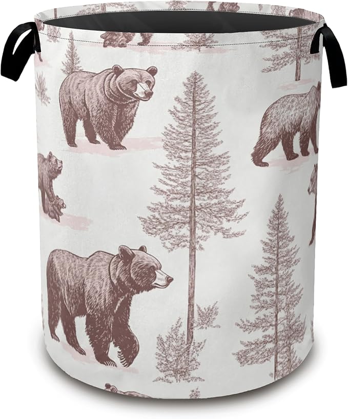 Large Laundry Basket, Retro Bear Collapsible Laundry Baskets, Forest Printed by Unknown