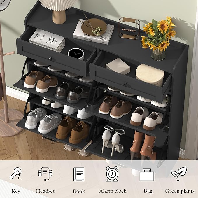 Thacuok Shoe Cabinet with 4 Flip Drawers & 2 Storage Drawers, Rustic Farmhouse - Image 5
