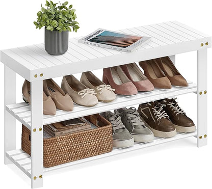 SONGMICS Shoe Rack Bench, 3-Tier Bamboo Shoe Storage Organizer, Entryway Bench by Unknown