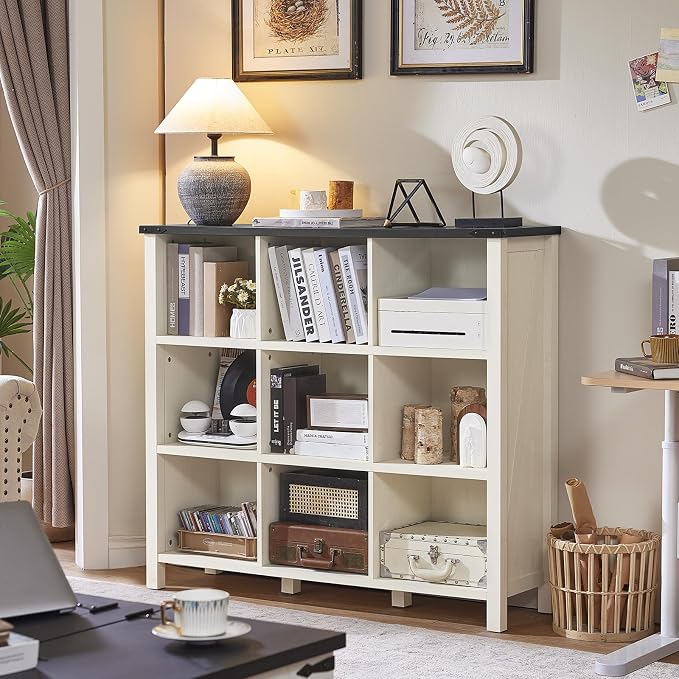 9 Cube Bookcase, Farmhouse 47 Inch Wide White Bookshelf, Wooden 3 Tier Display - Image 2
