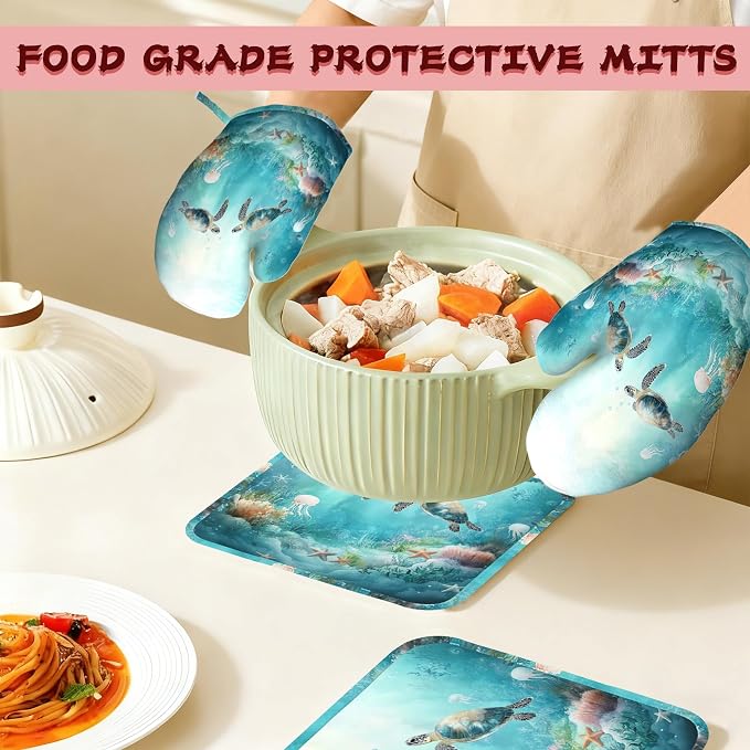 Sea Turtles Oven Mitts and Pot Holders, Jellyfish Coral Heat Resistant Non-Slip - Image 7