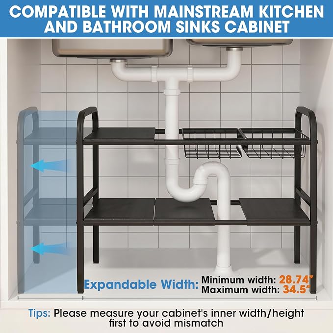 Expandable 2 Tier Under Sink Organizer, 28.74-34.5 Inch Width | - Image 3