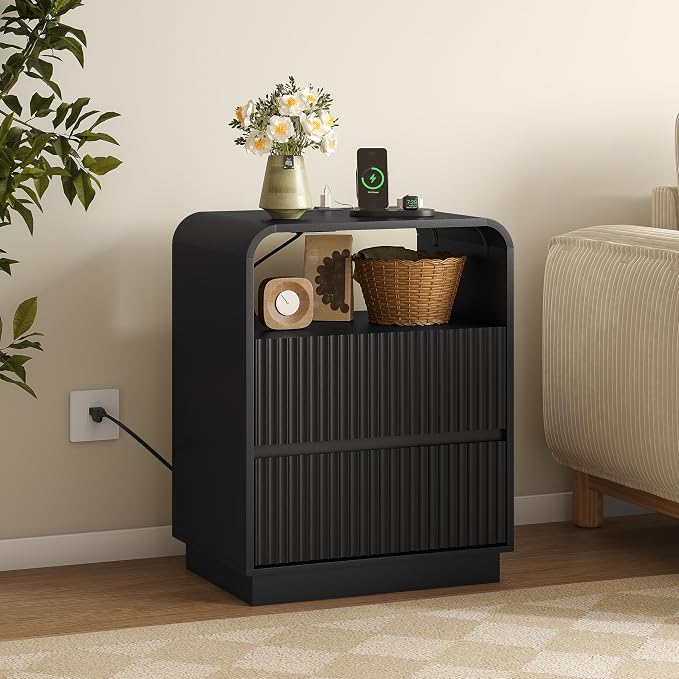 Dresser with 2 Drawers and Charging Station, Fluted Bedside Table with Round - Image 6
