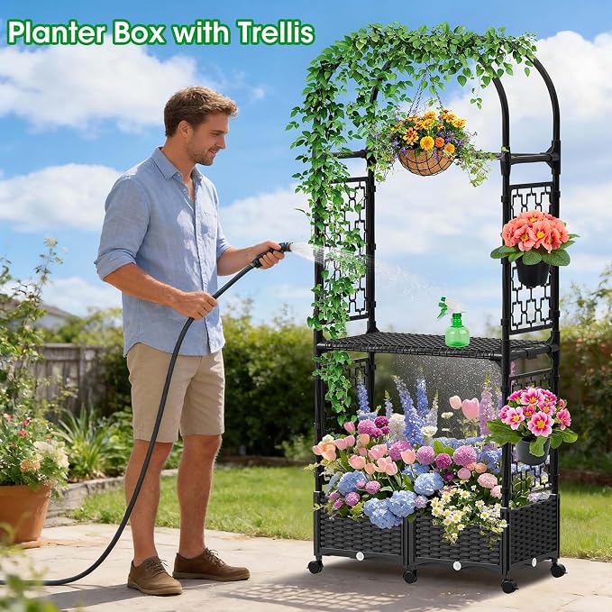 Planter Box with Trellis, 5.9ft/71in Self Watering Raised Garden Bed with - Image 7