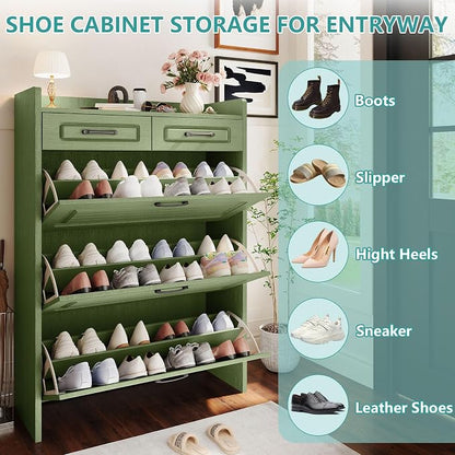 Shoe Cabinet with 3 Large Flip Drawers and 2 Storage Drawers, Narrow Shoe - Image 5