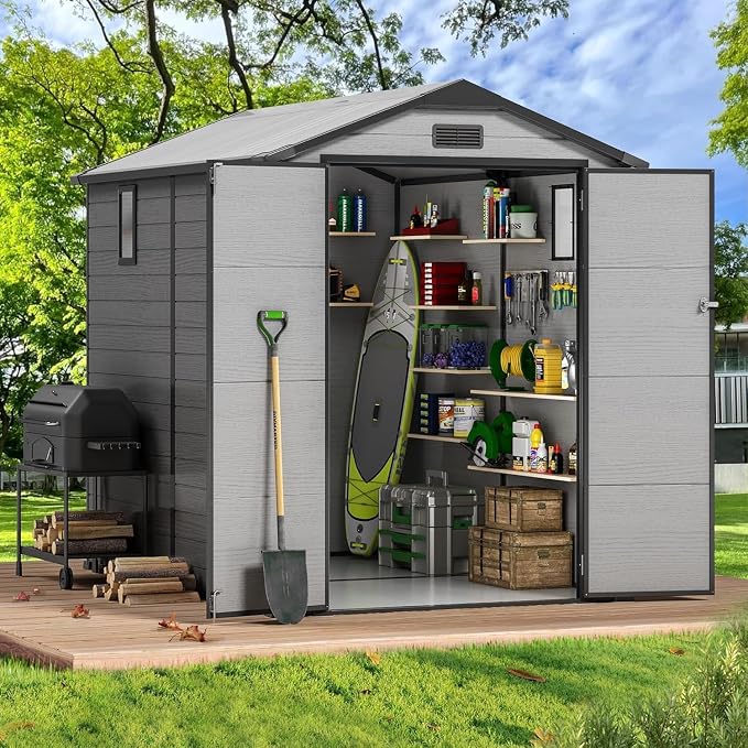 6 x 8 FT Resin Shed with Floor & Skylight, 14MM Thick Panel Storage Shed | by Sylviera