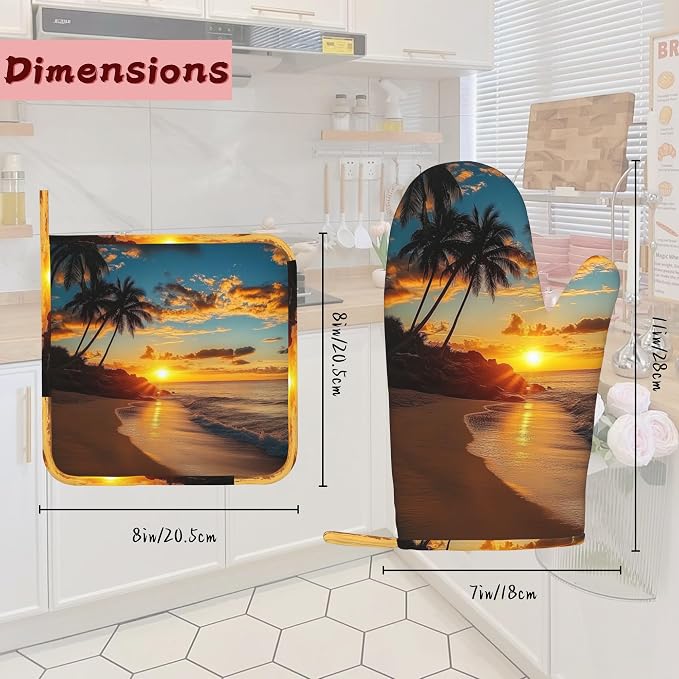 Tropical Palm Oven Mitts and Pot Holders, Sunset Trees Sea Beach Heat Resistant - Image 2