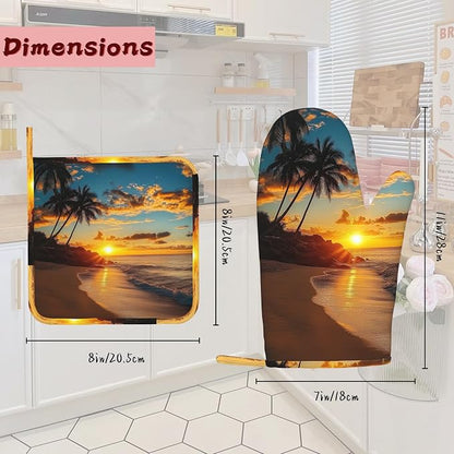 Tropical Palm Oven Mitts and Pot Holders, Sunset Trees Sea Beach Heat Resistant - Image 2