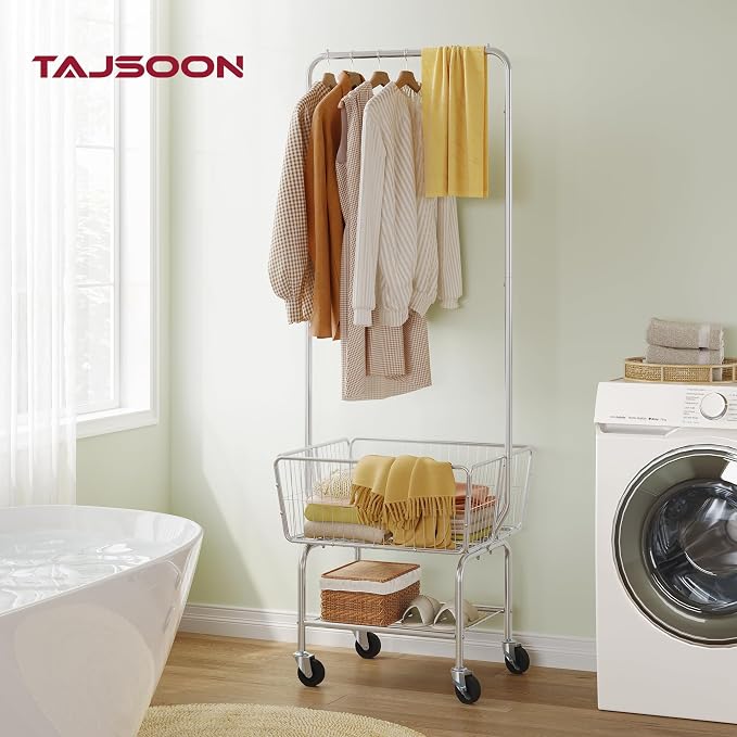 Tajsoon Laundry Cart with Hanging Rack, Metal Rolling Laundry Cart with Wheels - Image 6