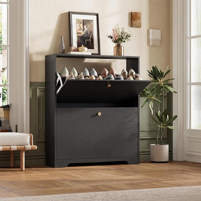Nicetree Shoe Cabinet with 2 Flip Drawers, Narrow Shoe Organizer Cabinet by Nicetree