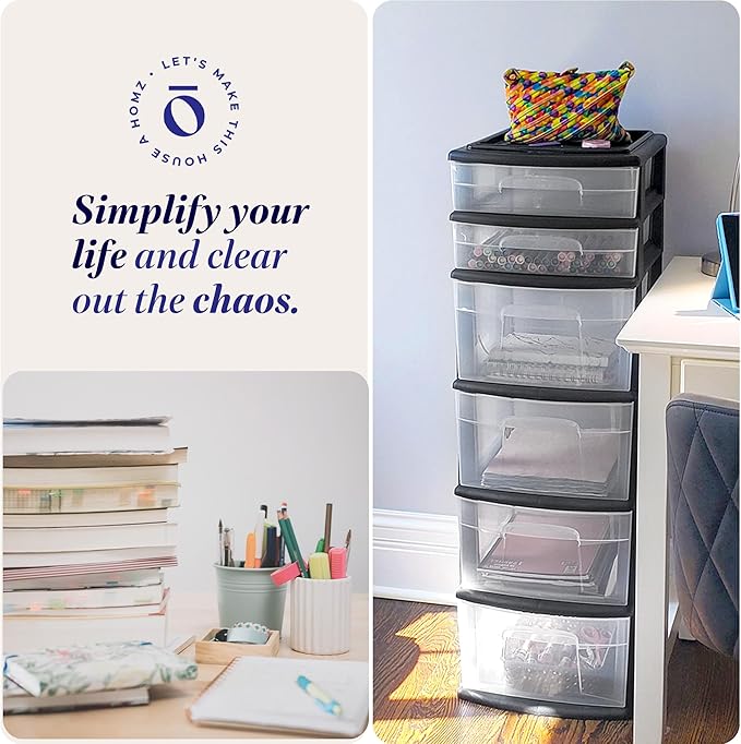 HOMZ 6 Drawer Plastic Storage & Organizer Tower | 4 Large & 2 Small Drawers | - Image 6