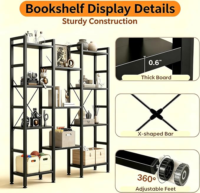HealSmart Triple Column 4 Tier Bookshelf, Industrial Bookcase - Image 5