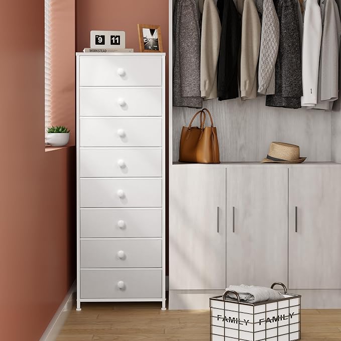 Fabric Dresser for Bedroom, 8 Drawer Tall Vertical Skinny Tower | Wooden Top - Image 7