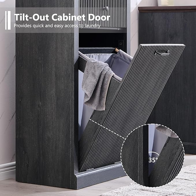 Modern Tilt-Out Laundry Hamper Cabinet, 10 Gallon Fluted Trash Can Cabinet - Image 4