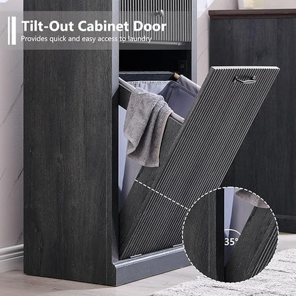 Modern Tilt-Out Laundry Hamper Cabinet, 10 Gallon Fluted Trash Can Cabinet - Image 4