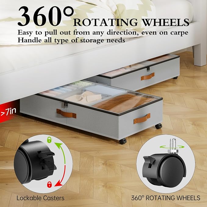 Yecaye Under Bed Storage with Wheels, 2 Pack Under Bed Storage Containers with - Image 3