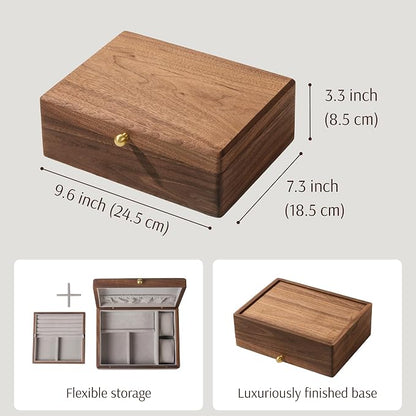 Wooden Jewelry Box, Two Layer Medium Size Real Natural Solid Walnut Wood - Image 3