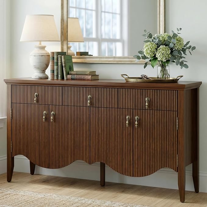 FUSUNBAO 57" Fluted Sideboard Buffet, Retro Storage Cabinet, Walnut | 3 Drawers by FUSUNBAO
