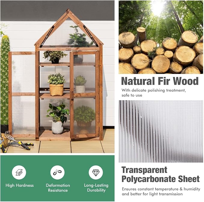Giantex 3-Tier Garden Cold Frame, Portable Wooden Mini Greenhouse Storage - Image 5