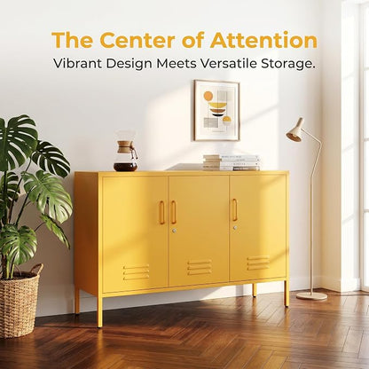 Lockable Yellow Industrial Metal TV Cabinet, Media Storage Console TV Stand - Image 4